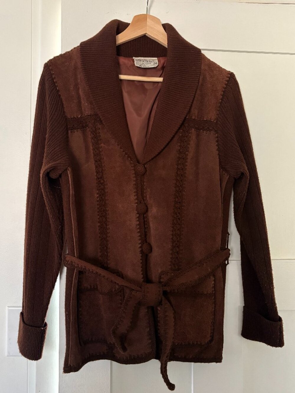 Vintage brown suede and knit boho jacket with crochet buttons & belt sash